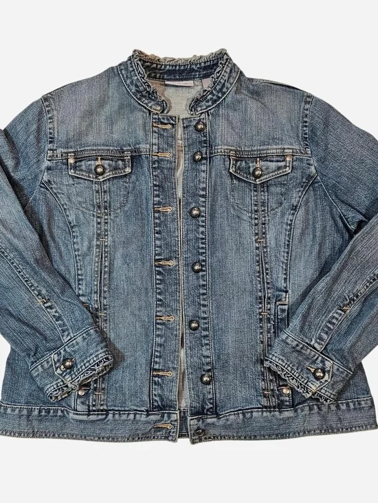 Chico's Platinum Denim Jacket with Ruffles & Button Closures Size 2 Or Large - Picture 1 of 8